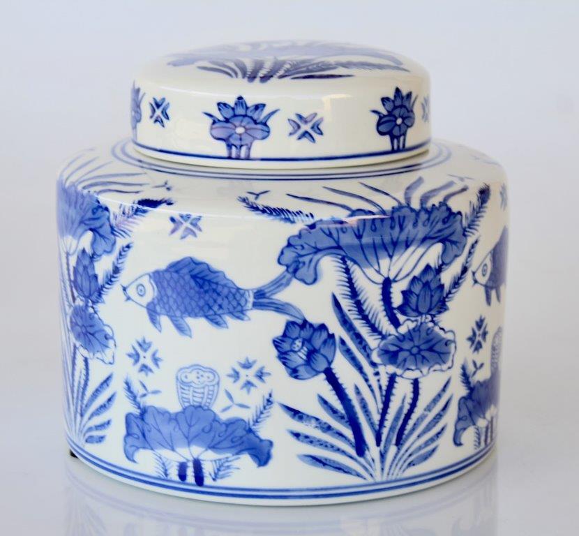BLUE FISH JAR WITH LID  17X19CM